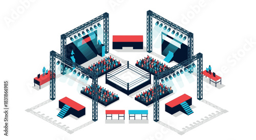 Isometric wrestling arena with stage lights and crowd in modern design