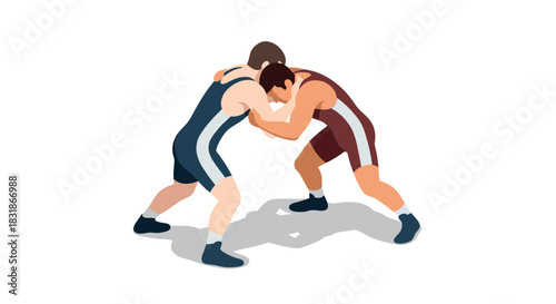 Dynamic wrestling match in isometric style with two athletes in action