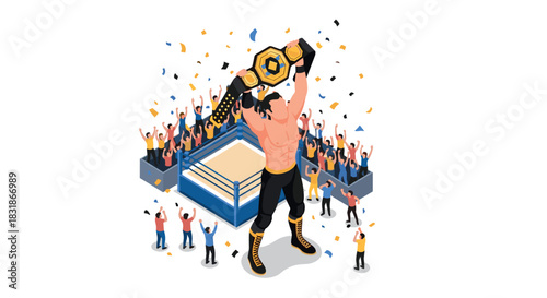 Wrestling champion celebrates victory in vibrant arena with cheering fans