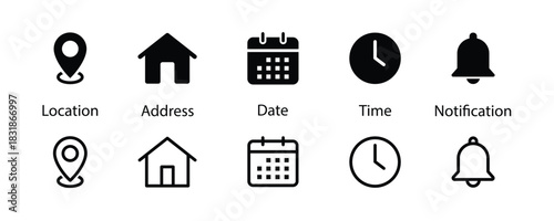 Date, time, location, address and notification icon. Address location, Notification bell, Stopwatch timer, Date Calendar icons set.