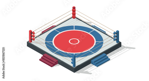 Isometric boxing ring with red and blue corners and ropes