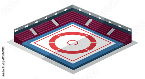 Isometric wrestling ring in indoor arena with tiered seating and bright colors