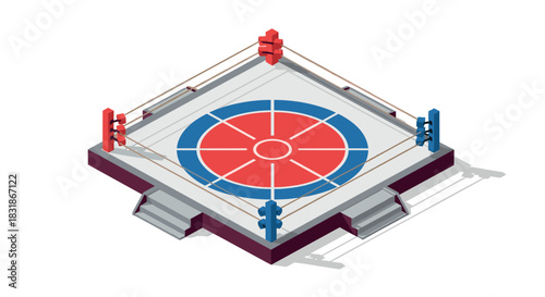 Isometric boxing ring with red and blue corner posts and target design in center
