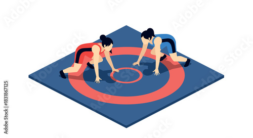 Isometric wrestling match: female athletes competing on a mat