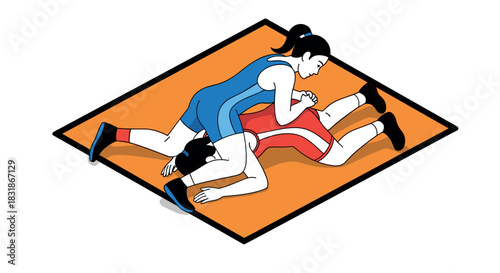 Female wrestlers engaged in competitive match on orange mat in dynamic flat style