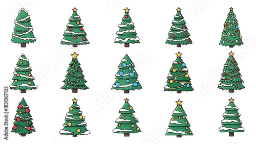 Collection of various decorated Christmas trees, festive and festive holiday decorations