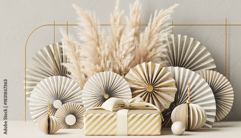 Obraz premium Cozy Christmas Gift Arrangement with Festive Holiday Elements, Elegant Rustic Christmas Gift Display with Twinkling Holiday Lights.