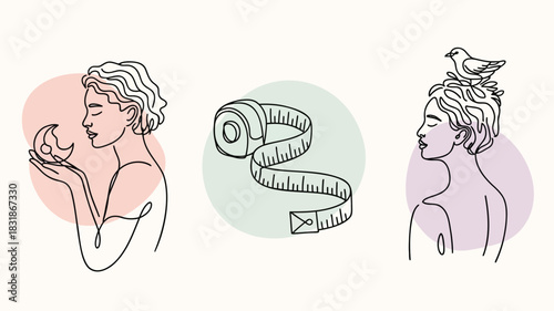 Minimalist line art triptych featuring a woman holding a crescent moon a measuring tape and a woman with a bird on her head