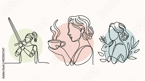 Three continuous line drawings of women representing different archetypes warrior coffee lover and nature enthusiast