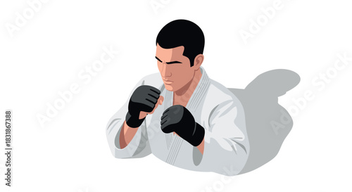 Karate fighter in white gi with black gloves posing in defensive stance on white background