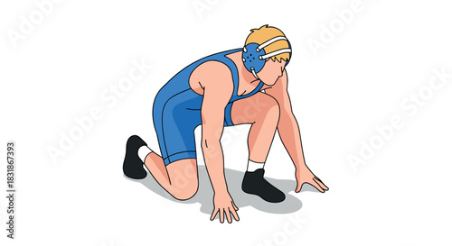 Athlete in blue wrestling gear preparing to start on white background