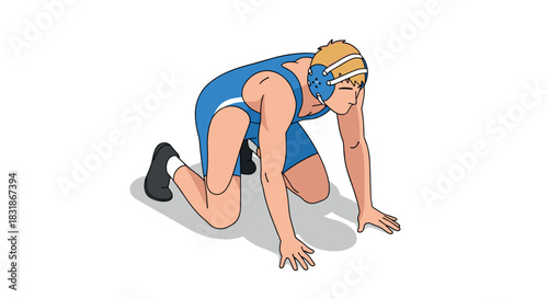 Athletic wrestler in blue gear ready for match with determined expression