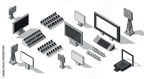 Isometric monochrome digital billboards and cinema seating layout