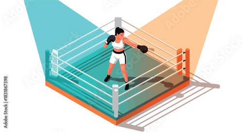 Isometric boxing scene: female boxer in ring with dynamic lighting