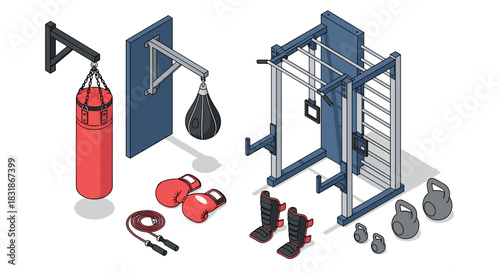 Isometric gym equipment set with punching bag and kettlebells for home workouts