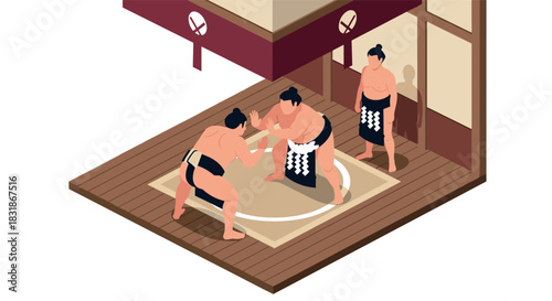 Isometric sumo wrestlers battling on traditional ring with referee