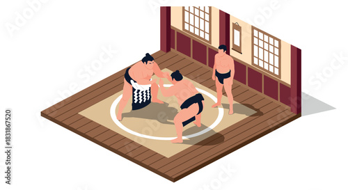 Sumo wrestlers competing in traditional dojo with referee in isometric art style