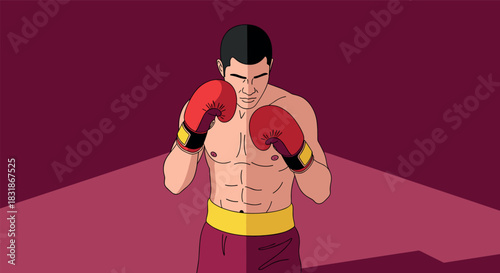 Determined boxer in ring with red gloves in dynamic flat art style