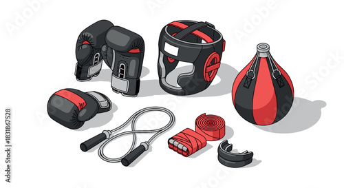 Isometric boxing equipment set: gloves, headgear, punching bag, jump rope, hand wraps