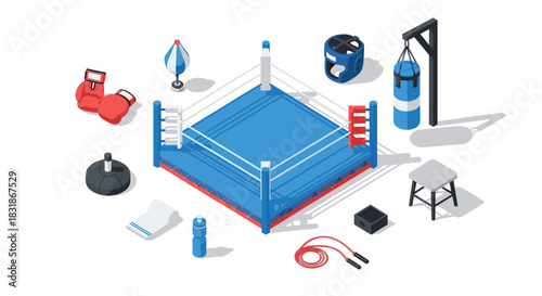 Boxing equipment set with ring and training gear in isometric style