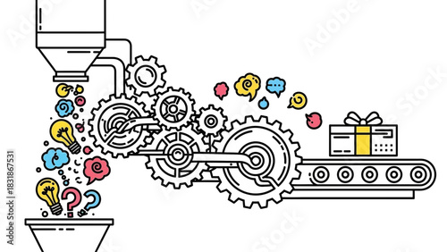 A vector illustration showing ideas being processed into a product on a conveyor belt. Concept for product development, innovation and manufacturing process