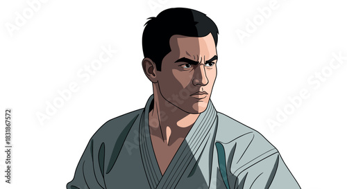 Martial artist in karate gi in dynamic comic style portrait against white background