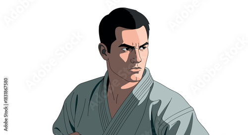 Martial artist in action pose with intense expression and traditional attire