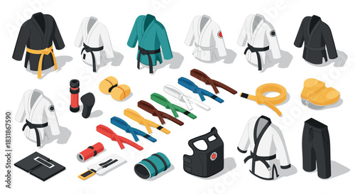 Isometric martial arts uniforms and gear: diverse belts and essential equipment
