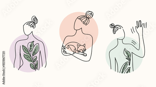 Minimalist line art illustrations of women embracing nature and pets with soft pastel circles