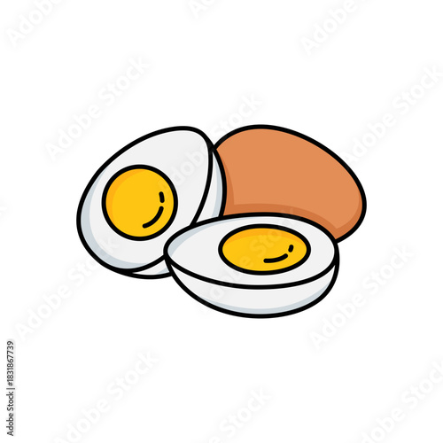 Egg icon set. Broken eggs icons. Cracked eggshell symbols isolated on white background. Happy Easter Day. Fried or boiled half and slices chicken eggs. Allergen free icon label. Vector Illustration.