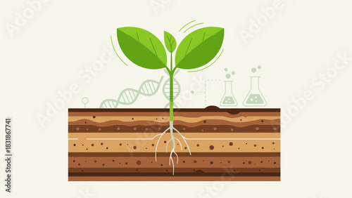 Illustration of plant growing from the ground with DNA strand and laboratory flask. concept for agriculture research, genetic engineering and biotechnology