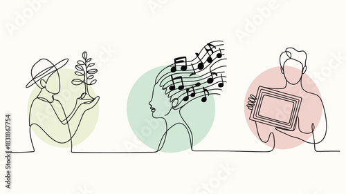 Abstract continuous line art of people holding a plant music notes in hair and a framed picture
