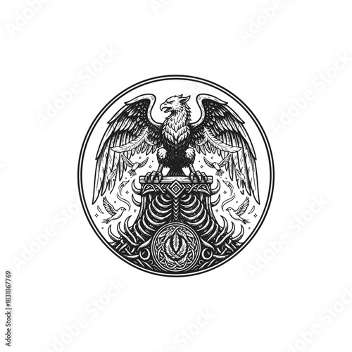 illustration of a mythical Griffin standing on a decorative base with bone and feather elements