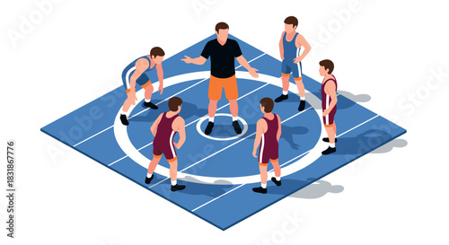 Isometric wrestling coach guiding athletes on blue mat