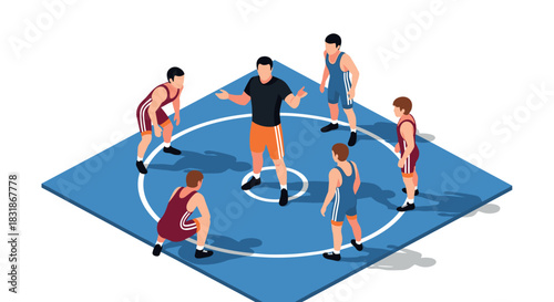 Isometric wrestling practice scene with coach and athletes on mat