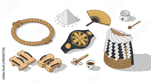 Traditional sumo wrestling elements with championship belt and japanese fan in isometric style