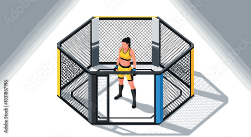 Isometric mma fighter in octagon ring with shadow and light effects