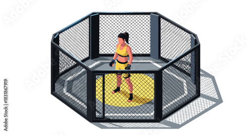 Female fighter in isometric mma cage with shadow and black mesh fencing