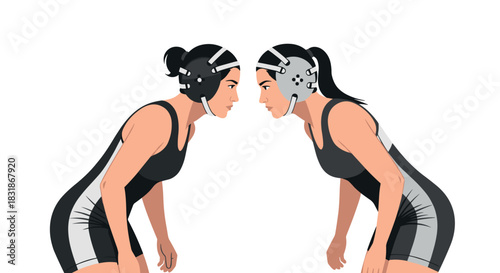 Female wrestlers face-off in athletic dual with dynamic pose and sports gear