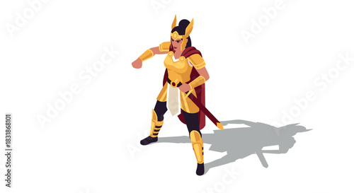 Heroic warrior woman in golden armor with cape in isometric style