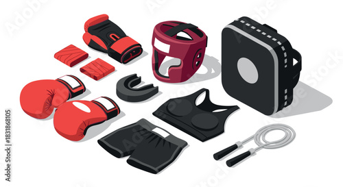 Essential boxing equipment: gloves, helmet, pads, and more in isometric style