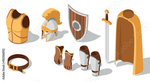 Ancient warrior armor set with shield and sword in isometric design