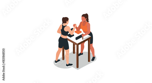 Isometric arm wrestling match between two women in athletic wear