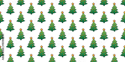 Seamless repeating pattern of festive green Christmas trees with stars. A simple holiday vector background for winter season celebrations