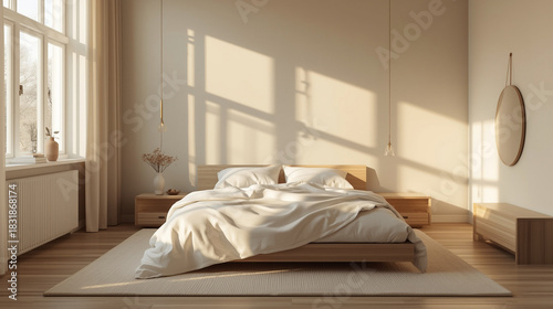 the atmosphere of the bedroom in the morning with morning light coming through the window