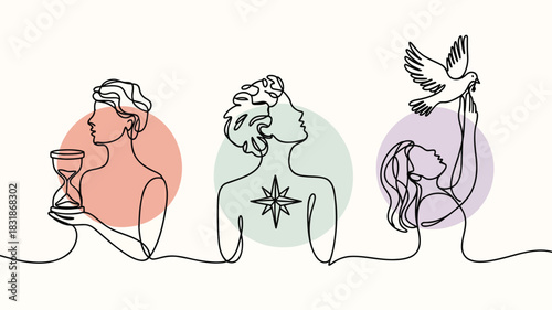 Abstract continuous line art of three women with symbolic elements representing time direction and freedom