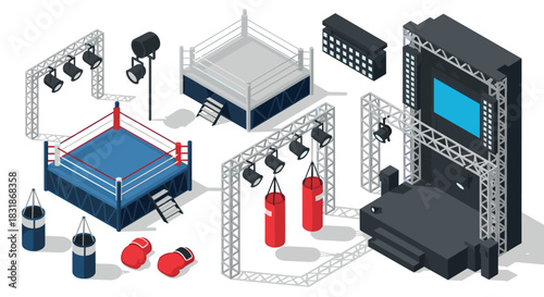 Isometric boxing arena with ring, stage, and equipment design elements