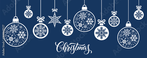 Festive Christmas background with hanging white baubles and star ornaments decorated with snowflakes on dark blue, elegant winter holiday greeting card or web banner design for seasonal celebrations