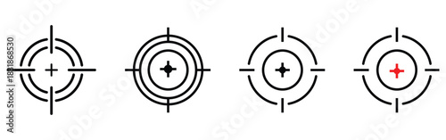 Target weapon icons, Gun, Military, Shot icons set on white page. Aiming optical gun icons set. Black dark isolated modern vintage target icons set on white background. EPS 10. 