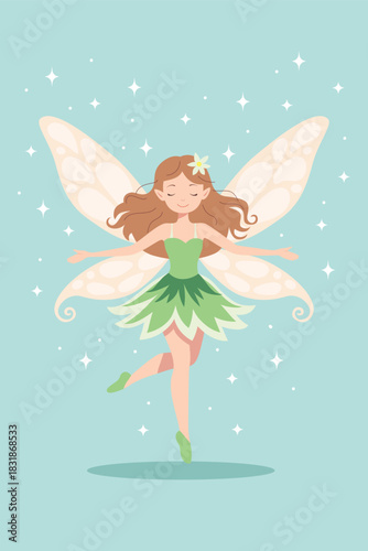 Cute spring fairy illustration with green dress and wings. Magical woodland fairy girl in pastel fantasy style.